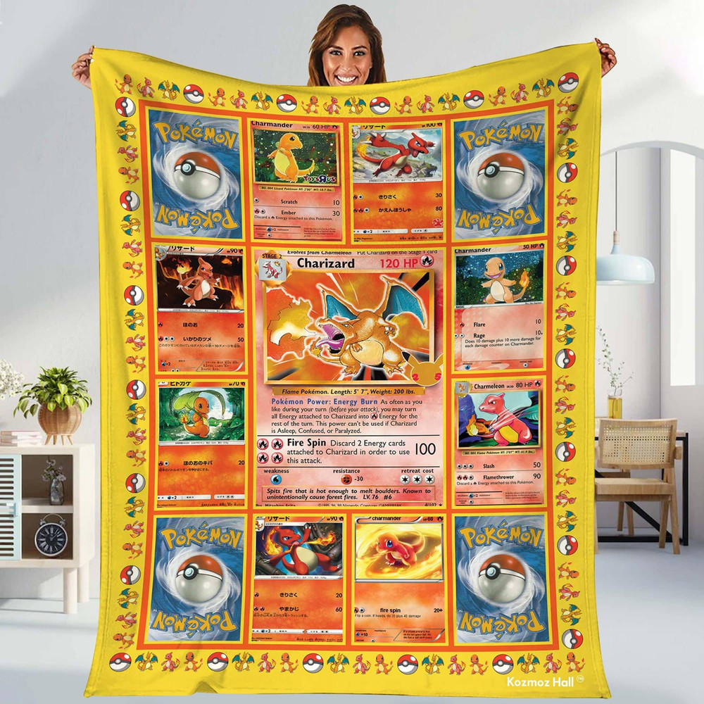Charmander Fleece Blanket  Charmander Evolutions Trading Card Blanket  Lover Anime Charizard Blanket  Anime Lover Collection Card Blanket.jpg