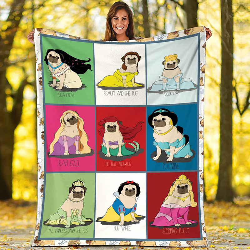Pug Princess Blanket Cinderella Belle Snow White Dog Princess Blanket Pug Magic Kingdom Fleece Blanket Birthday.jpg