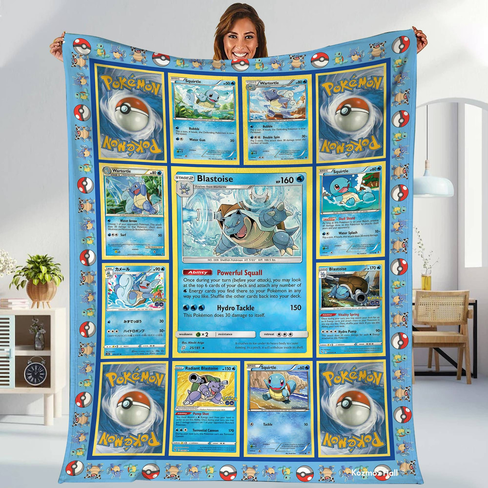 Squirtle Fleece Blanket  Squirtle Evolutions Trading Card Blanket  Lover Anime Charizard Blanket  Blastoise Collection Card Blanket.jpg