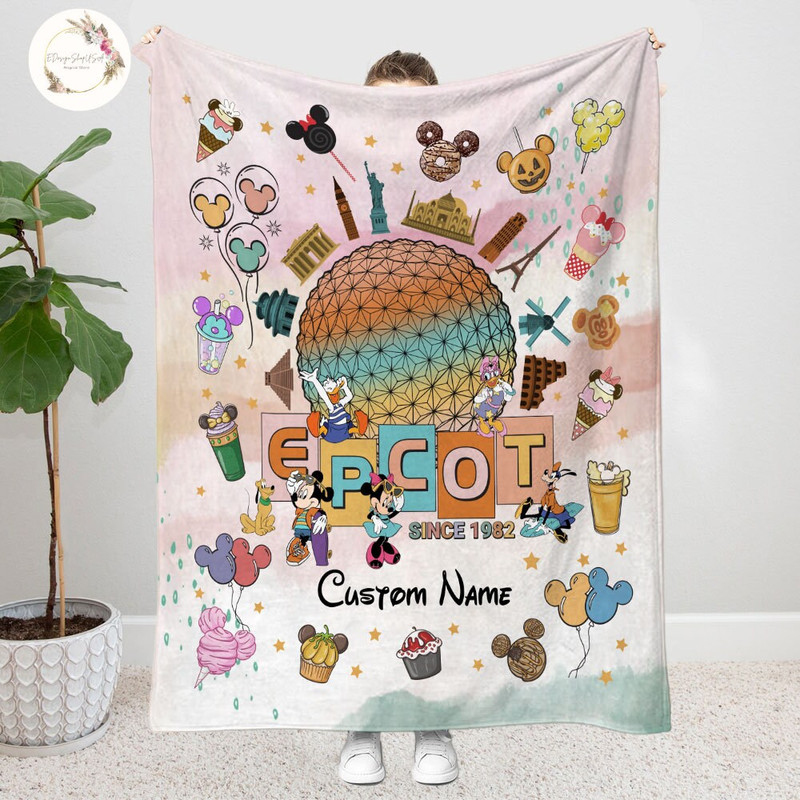 Personalized Mickey and Friends Blankets, Watercolor Disney Blanket, Disney Epcot Blankets, Custom Name Disney Blanket, Disney Family Gifts.jpg
