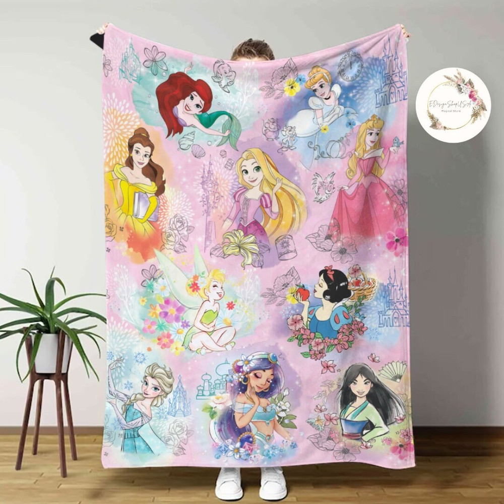 Personalized Watercolor Disney Princess Blanket, Custom Name Baby Girl Blanket, Disney Princess Birthday Girl Gift, WDW Disneyland Girl Trip.jpg