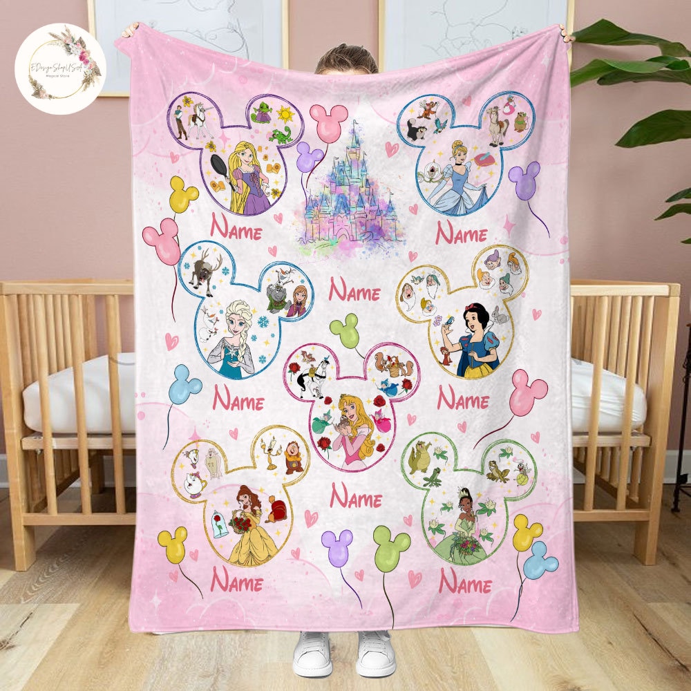 Personalized Watercolor Disney Princess Blanket, Custom Name Baby Girl Blanket, Disney Princess Birthday Girl Gift, WDW Disneyland Princess 1.jpg