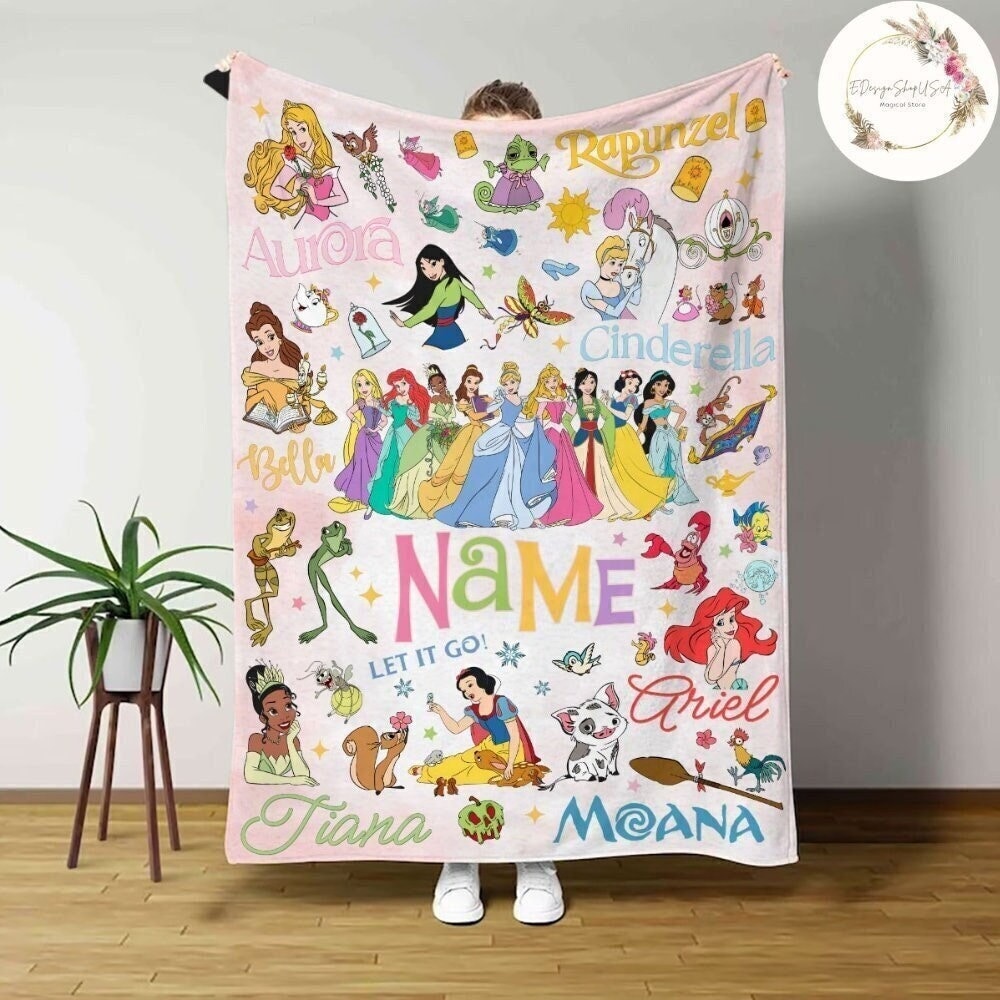 Personalized Watercolor Disney Princess Blanket, Custom Name Baby Girl Blanket, Disney Princess Birthday Girl, WDW Disneyland Girl Trip Gift 1.jpg
