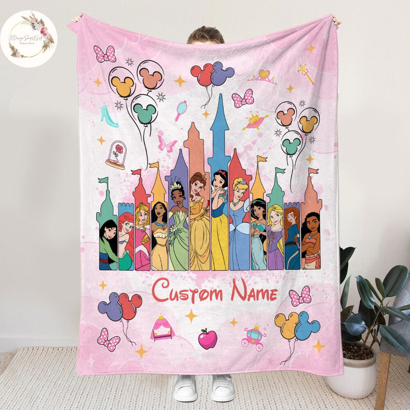 Personalized Watercolor Disney Princess Blanket, Custom Name Baby Girl Blanket, Disney Princess Birthday Girl, WDW Disneyland Girl Trip Gift 2.jpg