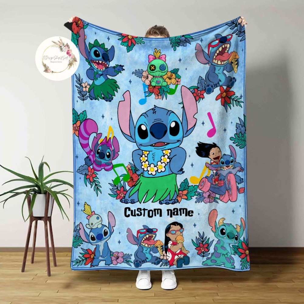 Personalized Watercolor Disney Stitch Blanket, WDW Disneyland Lilo & Stitch Angel Sketch Birthday Gift, Ohana Means Family Kids Adult Decor.jpg