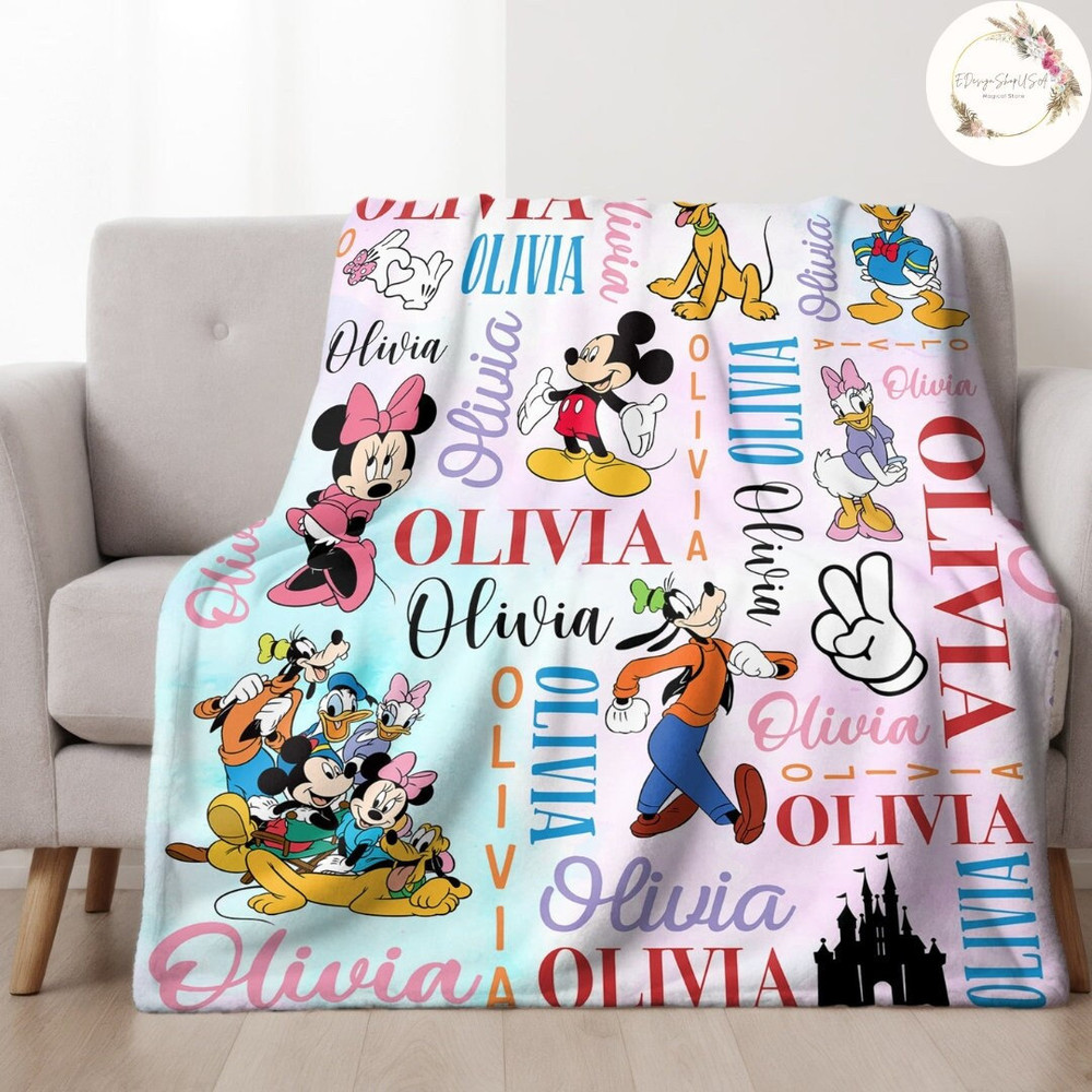 Personalized Watercolor Mickey and Friends Disney Blanket, Custom Name WDW Disneyland Castle Baby Blanket, Disney Christmas Gift for Kids.jpg