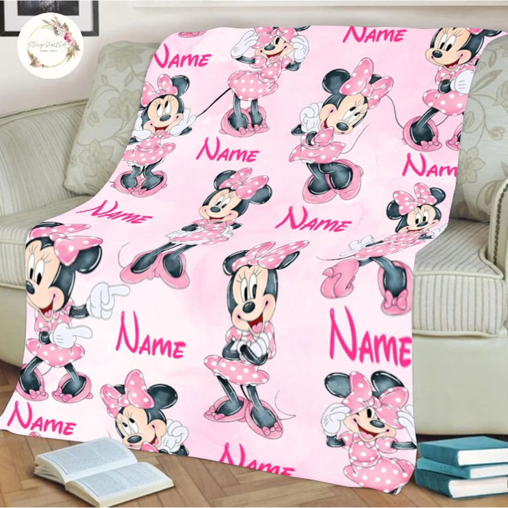 Personalized Watercolor Minnie Mouse Blanket, Custom Name Disney Minnie Blanket, Disney Blankets, Minnie Birthday Gifts, Kid Name Blanket.jpg
