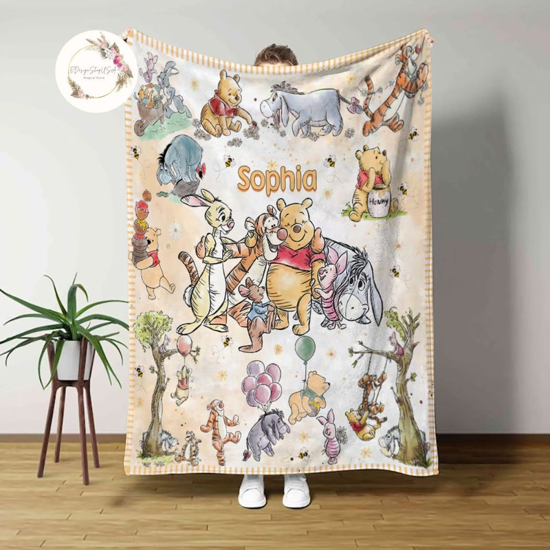 Personalized Watercolor Winnie the Pooh blanket, Pooh Bear and friends blanket, Birthday gift for herhim, Kids Adults blanket.jpg