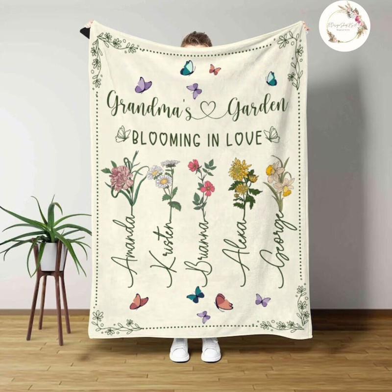 Custom Flowers & Name Grandma's Garden Blanket, Floral Nana Mom's Garden Gift, Birth Month Flowers Grandkids Name, Mother's Day Gift Blanket.jpg