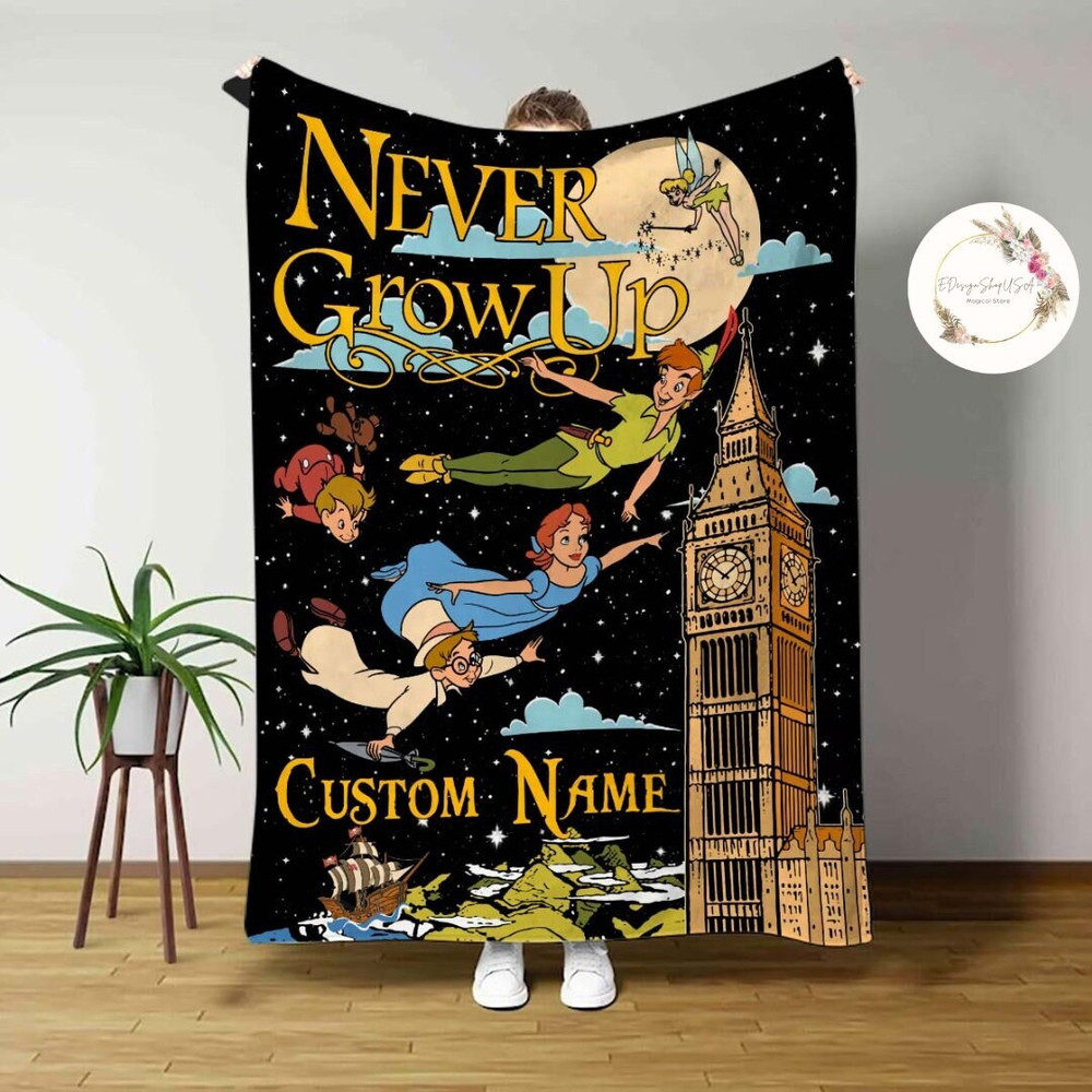 Personalized Disney Peter Pan Never Grow Up Blanket, Custom Name Baby Girl Tinker Bell Wendy Flight Neverland Gift, WDW Disneyland Kids Gift.jpg