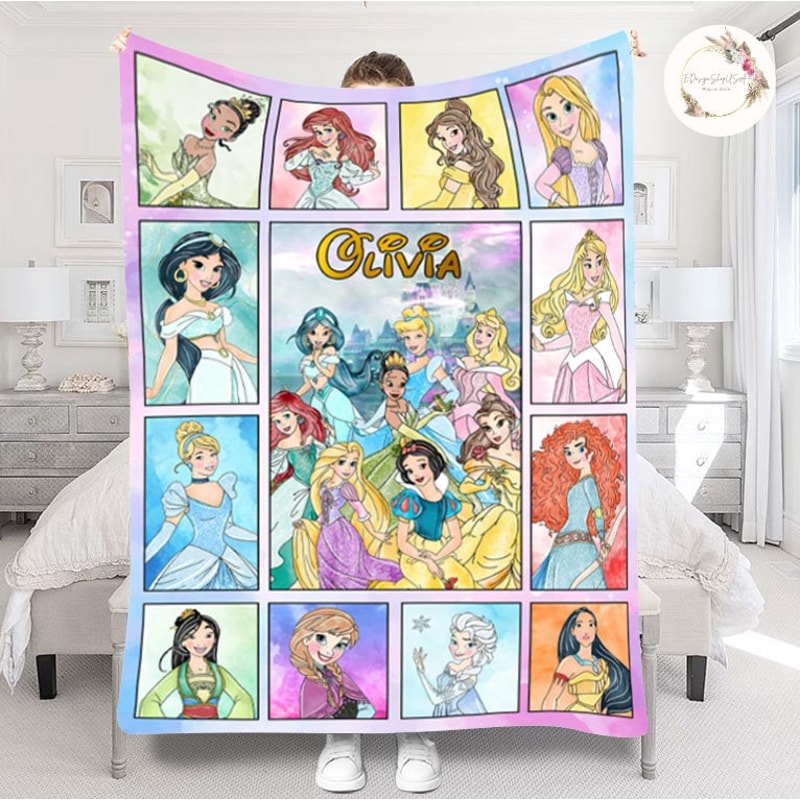 Personalized Watercolor Disney Princesses Blanket, Princess Name Blanket, Disney Birthday Blanket, Princess Birthday Gifts, Disney Blanket.jpg