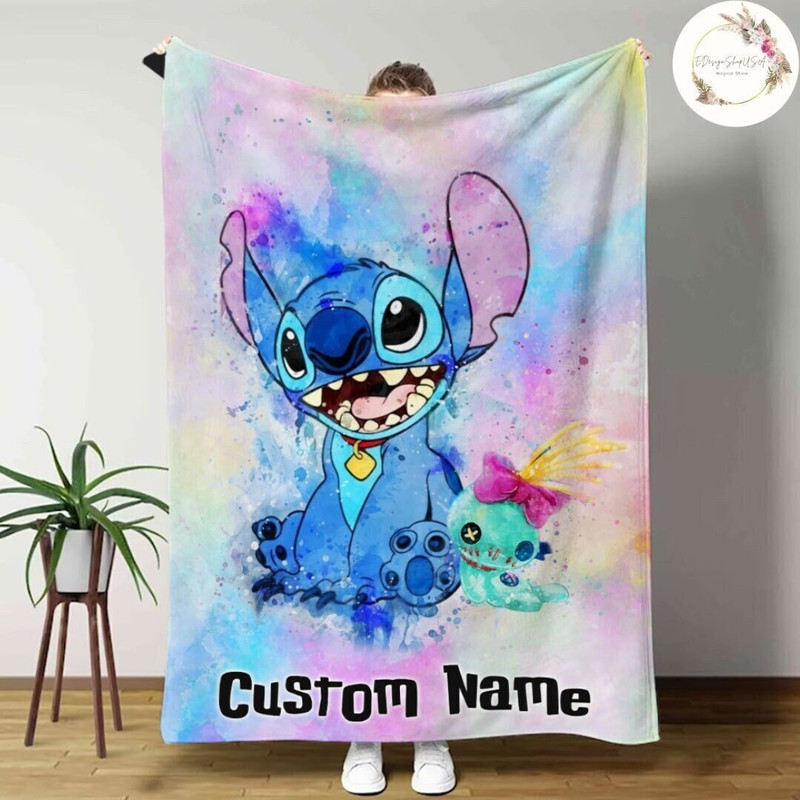 Personalized Watercolor Disney Stitch Blanket, Lilo & Stitch Scrump Baby Blanket, Stitch Birthday Gift, Disneyland Stitch Ohana Means Family.jpg