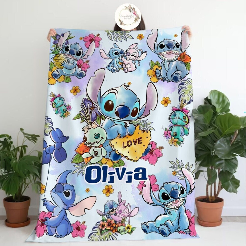 Personalized Watercolor Disney Stitch Blanket, WDW Disneyland Lilo & Stitch Angel Sketch Birthday Gift, Ohana Means Family Kids Adult Decor.jpg