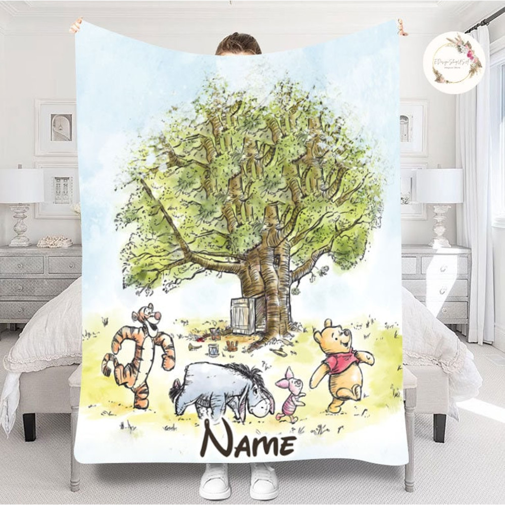 Personalized Watercolor Winnie the Pooh Blanket, WDW Disneyland Pooh Bear and Friends Sketch Birthday Gift, Disney Family Kids Adult Blanket.jpg