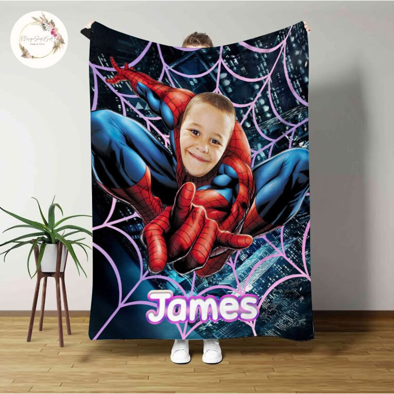 Custom Cartoon Blanket with Face, Spiderman Superhero Blanket, Disney Marvel Blanket, Spiderman Party Birthday Theme, Superhero Kids Blanket.jpg