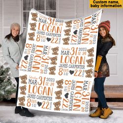 birth stats baby bear fleece blanket, personalized baby stats baby bea