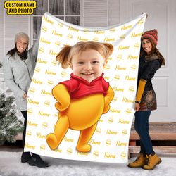 Personalized Photo Blanket, Custom Name Disney Pooh Blanket, Winnie Th