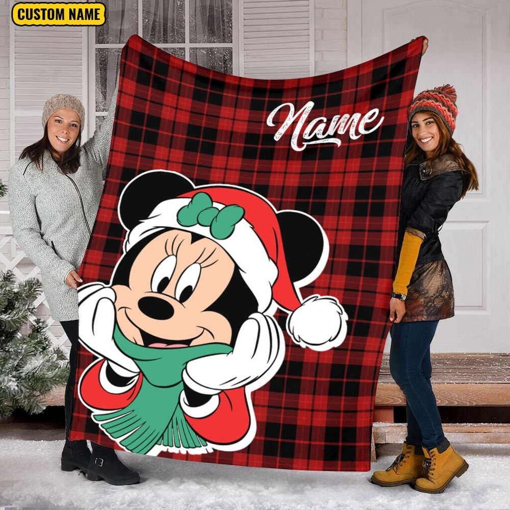 Personalized Name Christmas Minnie Blanket, Christmas Disney Blanket, Buffalo Plaid Christmas Fleece Mink Sherpa Blanket.jpg
