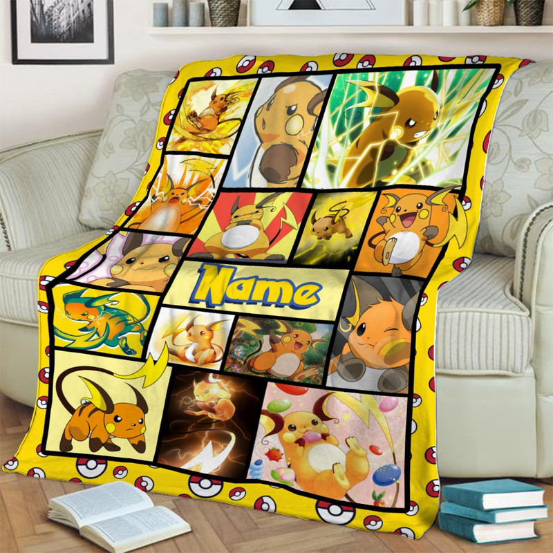 Pikachu Evolution Blanket, Raichu Blanket, PKM Anime Fleece Mink Sherpa Blanket, Cartoon Anime Blanket, Custom Name Blanket.jpg