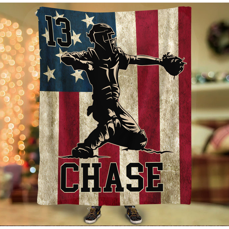 Personalized Name and Number Baseball Blanket Flag American Catcher Pitcher Batter Blanket Birthday Gift for Baseball Lover.jpg