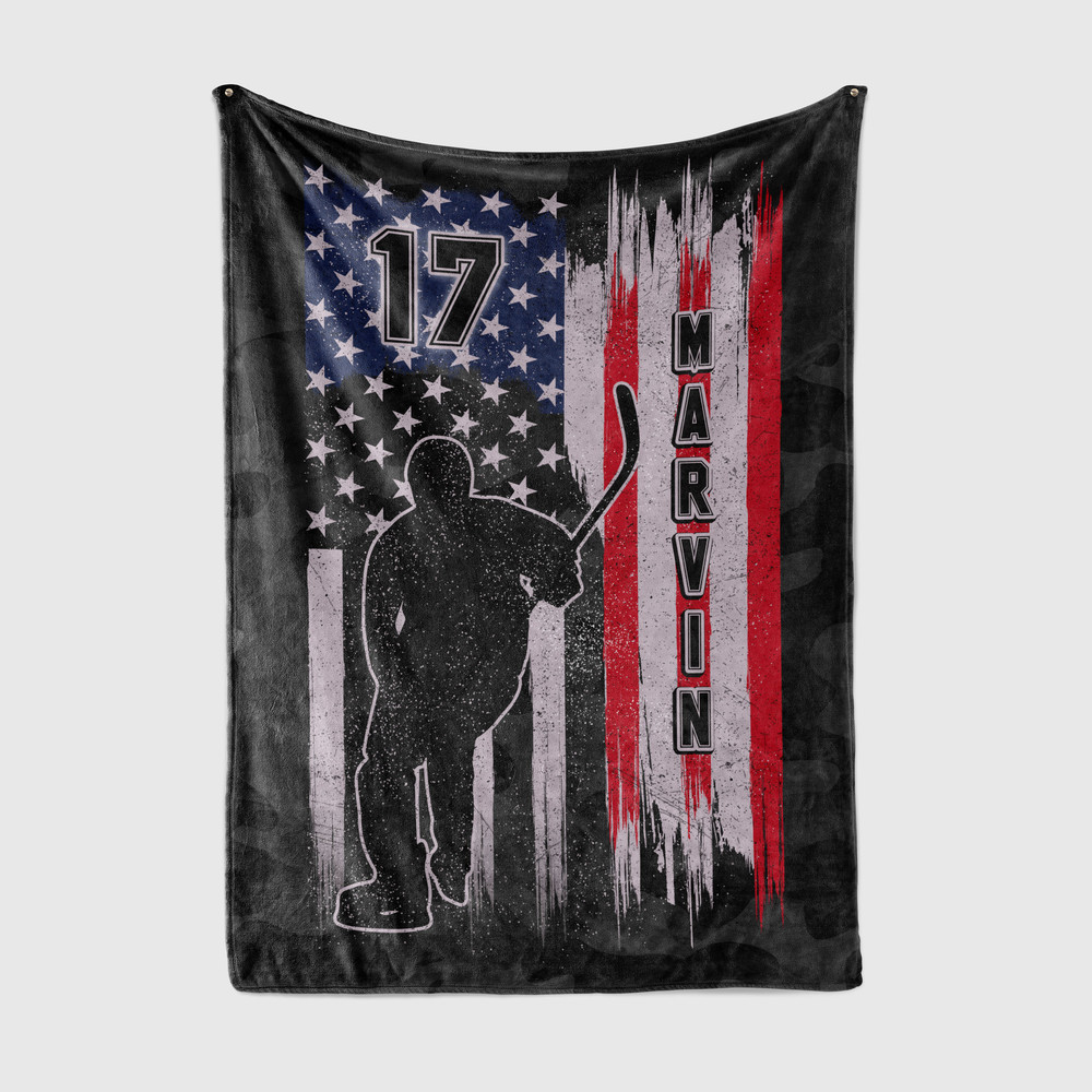 Personalized Name and Number Ice Hockey Blanket American Flag Hockey Blanket for Hockey Boy Custom Name Birthday Gift for Hockey Lover.jpg