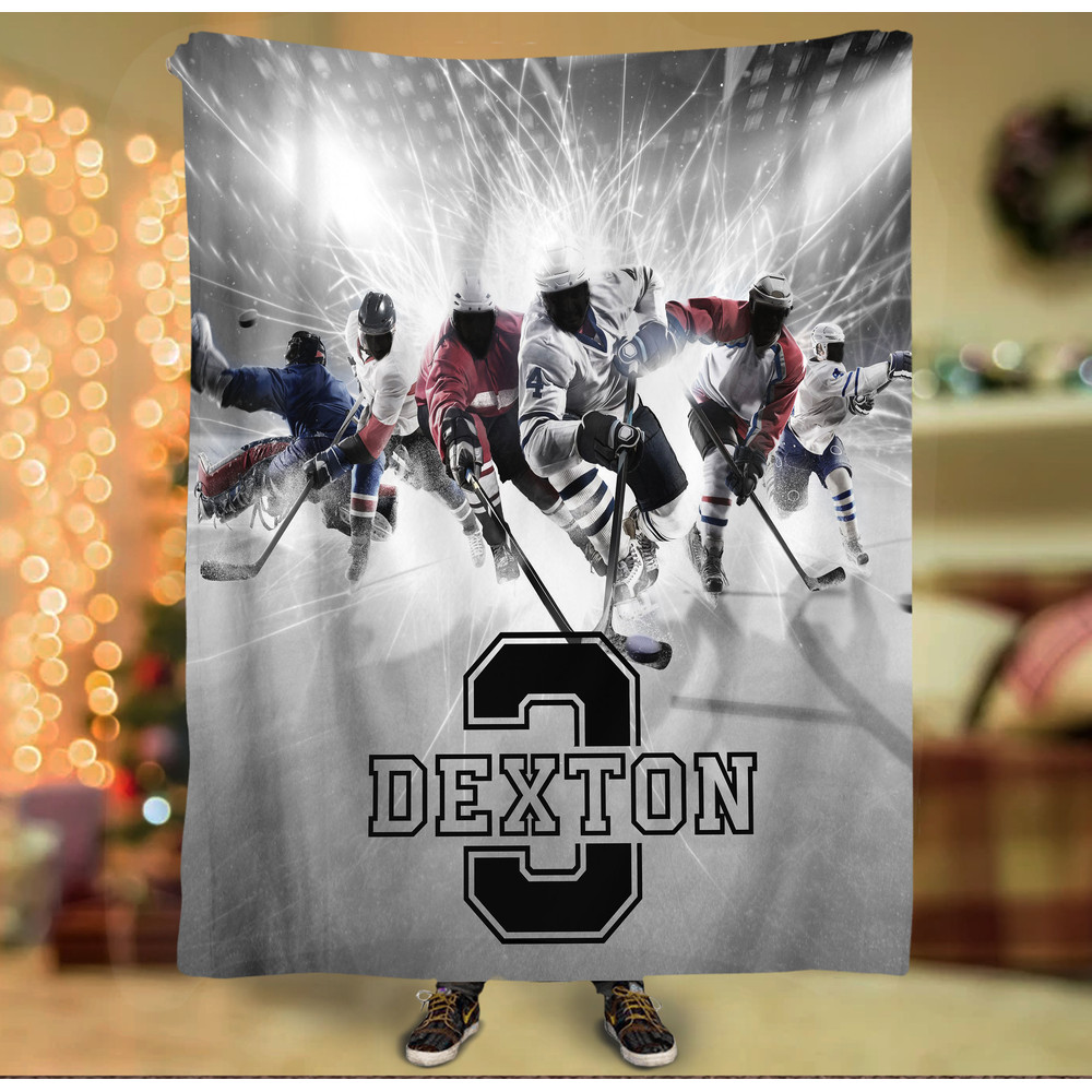Personalized Name and Number Ice Hockey Blanket Hockey Blanket for Son, Grandson, Hockey Boy Custom Name Birthday Gift for Hockey Lover 04.jpg