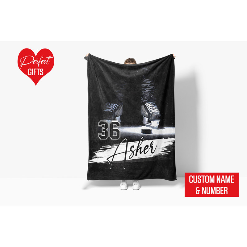 Personalized Name and Number Ice Hockey Blanket Hockey Blanket for Son, Grandson, Hockey Boy Custom Name Birthday Gift for Hockey Lover 10.jpg