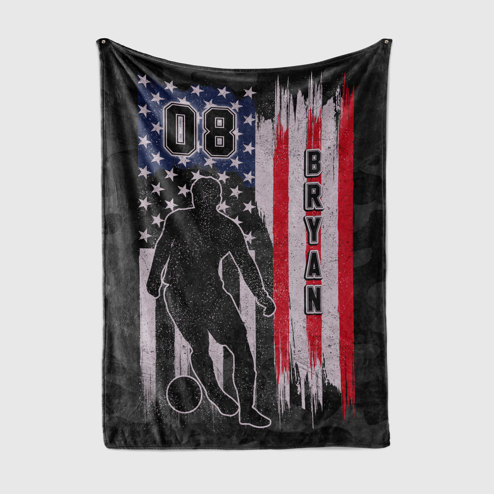 Personalized Name and Number Soccer Blanket American Flag Soccer Player Soft Cozy Sherpa Fleece Throw Blanket.jpg