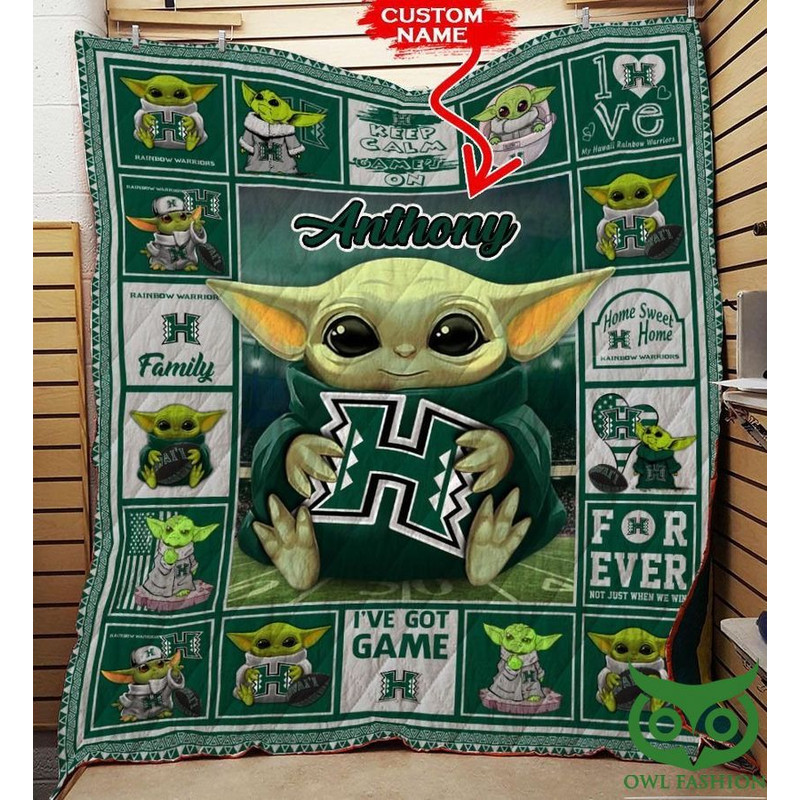 Custom Name Hawaii Rainbow Warriors Baby Yoda Quilt Blanket NCAA.jpg