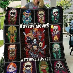 horror movies chibi characters watching halloween blanket