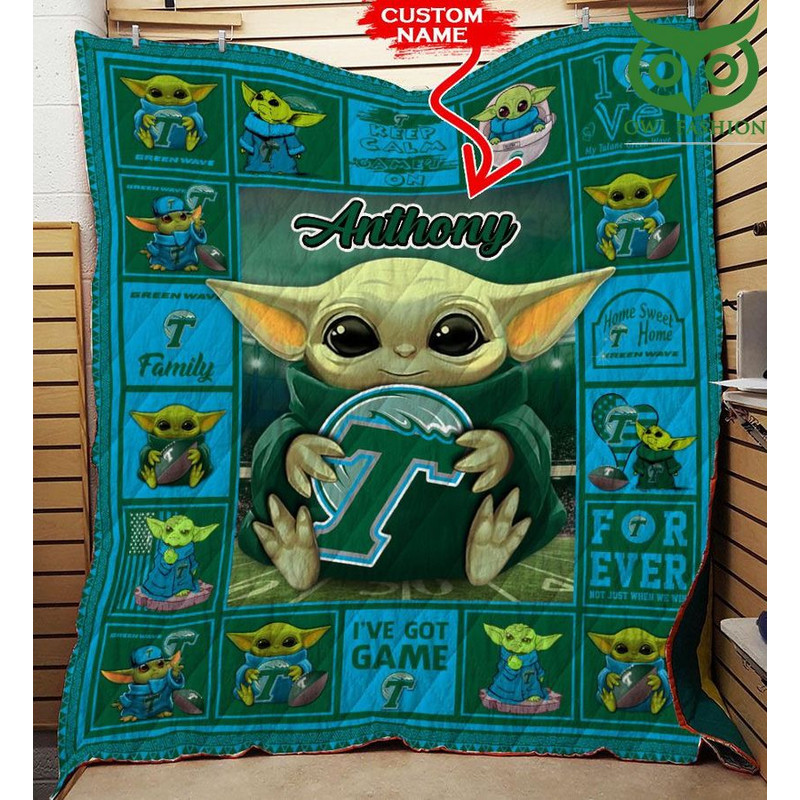 Personalized Baby Yoda NCAA Tulane Green Wave Quilt blanket.jpg