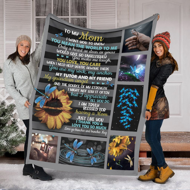 To My Mom Sunflower Dragonfly Fleece Blanket, Heaven Angle Mink Blanket ,Sherpa Blanket, Memories Anniversary Gift, Family Blanket Gift.jpg