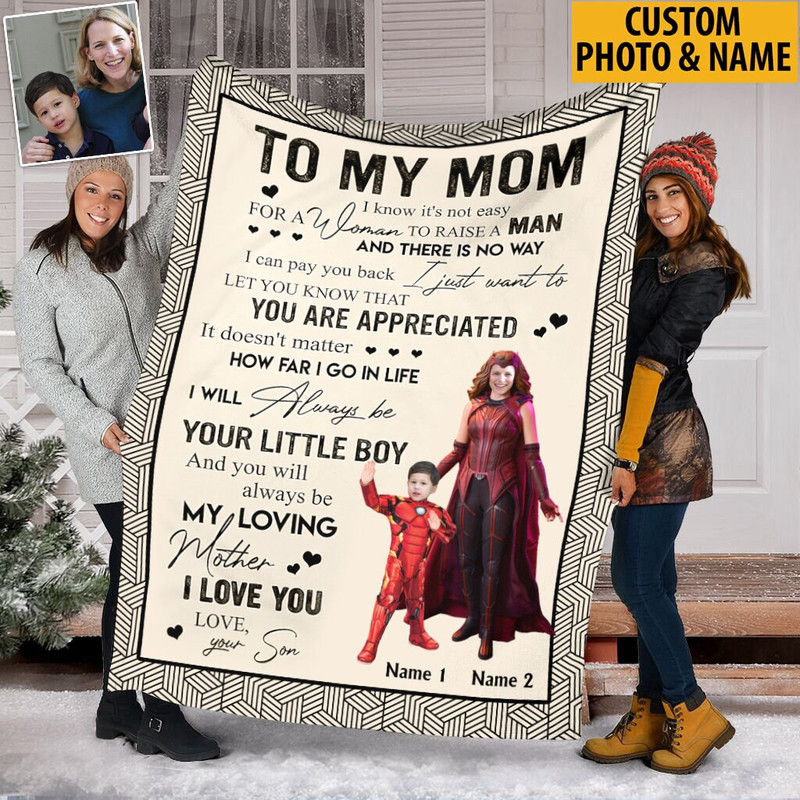 Custom Photo & Name Marvel Mom Blanket, To My Mom Fleece Blanket, Iron Man, Scarlet Witch Blanket, Wanda Vision, Gift Ideas Mother's Day.jpg