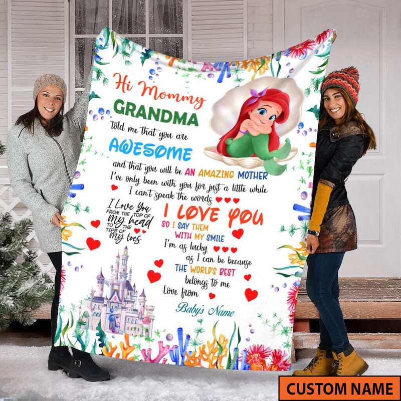 Customized Ariel Mermaid Fleece Blanket, Gift Ideas Mother's Day, Gift for Kids Mom Dad, Custom Name Baby's Name, Mermaid Baby Blanket.jpg