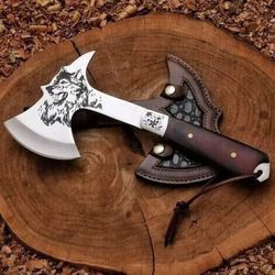 13" handmade engraved d2 high carbon steel tomahawk axe – wooden handle & hand-forged camping axe