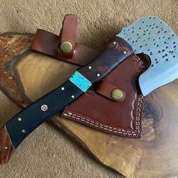 NEW CUSTOM HANDMADE CARBON STEEL FULL TANG AXE WITH LEATHER SHEATH