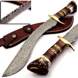Custom Handmade Damascus Steel Stag Horn Handle Hunting Bowie Kukri Knife
