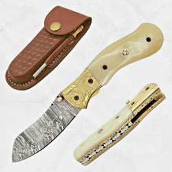 Handmade Damascus Steel Folding Pocket Knife - Bone Handle - Sheath & Sharpener