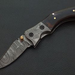 damascus steel folding pocket knife 7" – wood handle, damascus bolster, file work & leather sheath