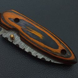 damascus steel folding pocket knife 7" – wood handle with leather sheath