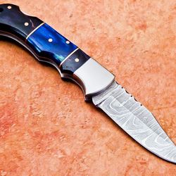 custom handmade forged damascus folding pocket knife , pocket knife