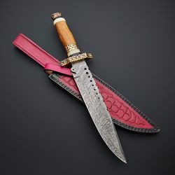 handmade damascus steel hunting bowie knife with leather sheath
