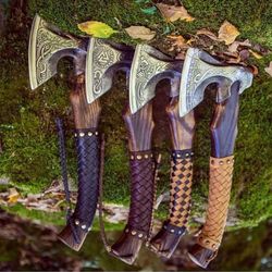 lot of 4 pieces hand forged viking axe with etching engraving with carbon steel
