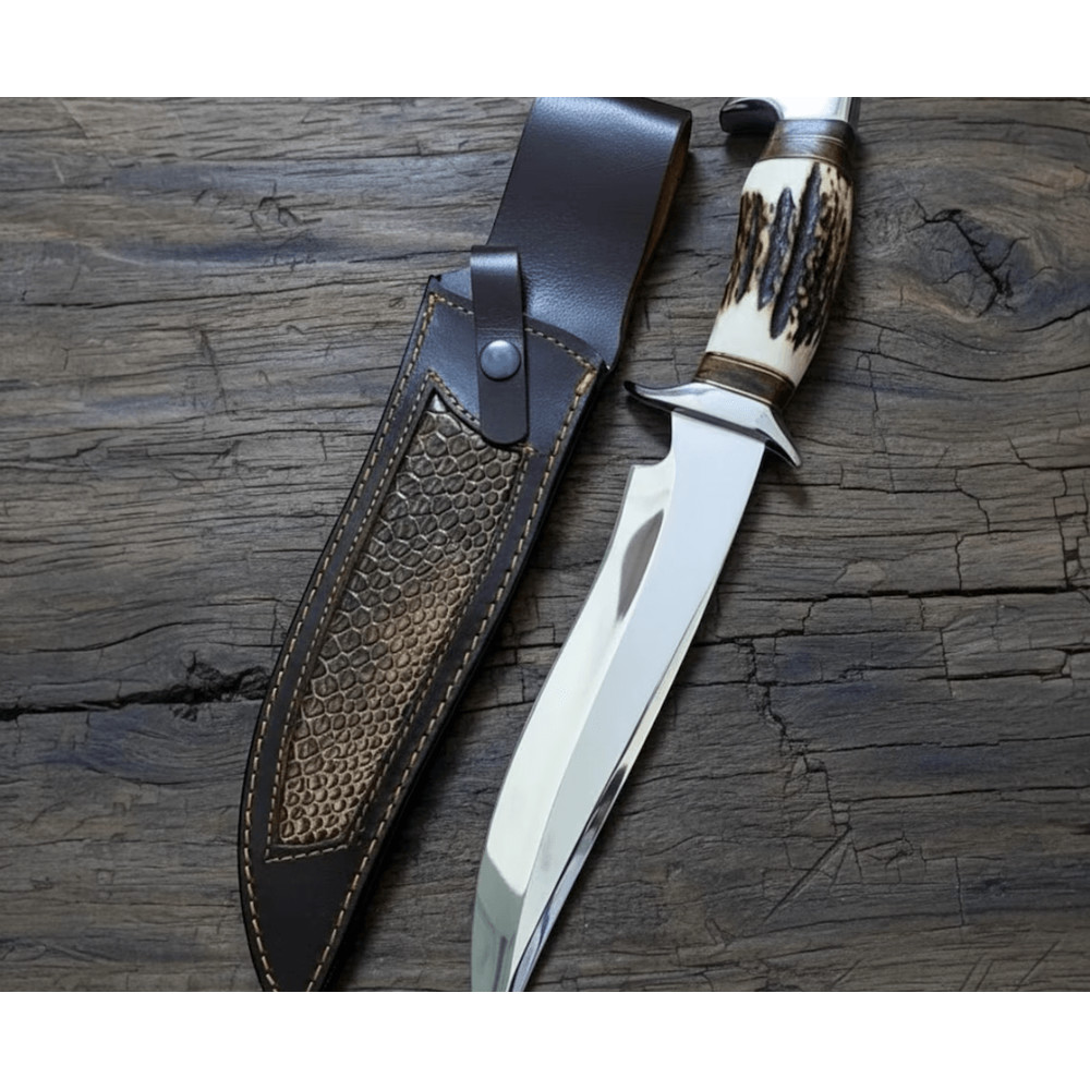 Handcrafted D2 Steel Bowie Knife 8 Blade With Deer Horn Handle Leather Sheath For Hunting Bushcr 0