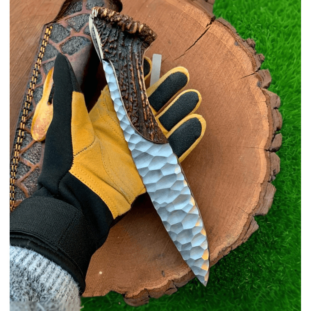 HandForged Carbon Steel Hunting Knife 11 Deer Antler Handle Full Tang Blade W Leather Sheath 1