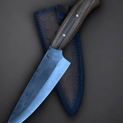 hand-forged stainless steel chef knife | walnut handle | professional kitchen cutlery + leather sheath