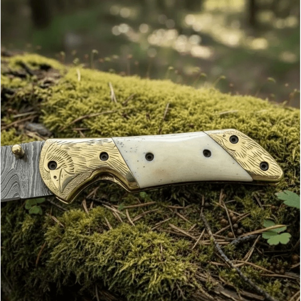 Buy Now Handmade Damascus Steel Folding Knife Bone Handle