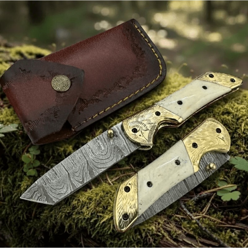 Buy Now Handmade Damascus Steel Folding Knife Bone Handle