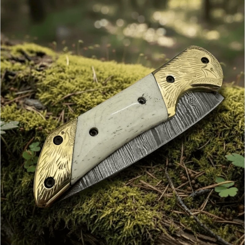 Buy Now Handmade Damascus Steel Folding Knife Bone Handle