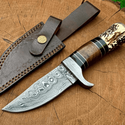 handmade damascus steel hunting knife 9" | stag antler & rosewood handle | razor edge + leather sheath | gift for him